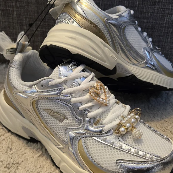 Avia White and Silver Athletic Shoes with Gold Accents - Picture 2 of 4